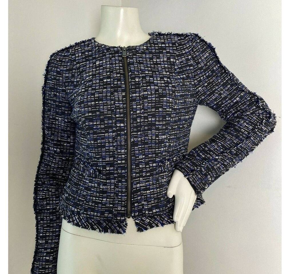 Banana Republic Tweed Zip Front Blazer Womens 2 Black Blue